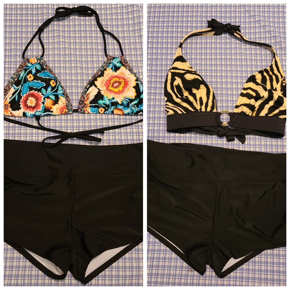 2 Women's 1 Floral/ 1 Anml Prnt Bkni Tp W Black Swim Shorts 2 Tps/1 Btm Sz L EUC